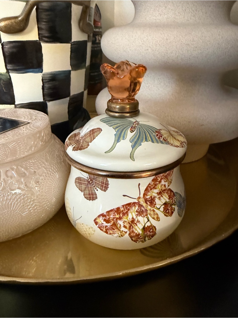 MACKENZIE CHILDS BUTTERFLY GARDEN LIDDED SUGAR BOWL- Rare Retired pattern